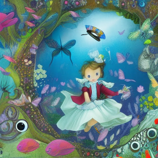 Alice in Wonderland flying among paper fish and butterflies