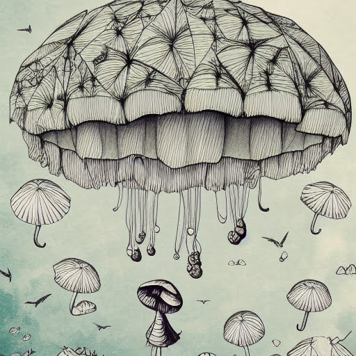 Sketched dream of Alice with umbrellas and mushrooms