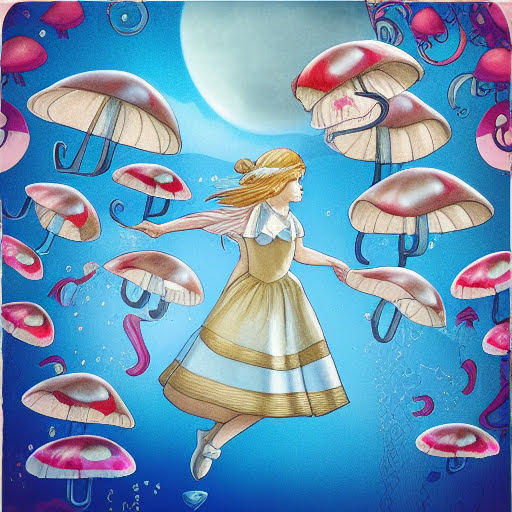 Alice's dreamworld with UFOs, mushrooms, and jellyfish