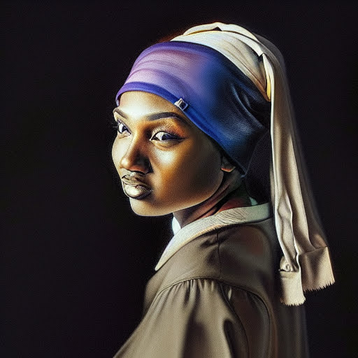 Hyperrealistic painting of blindfolded figure in idyllic setting