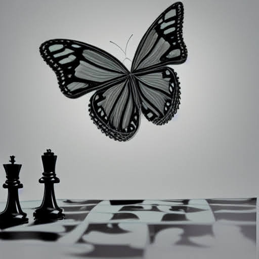 Sleeping butterfly amid luminous chess pieces