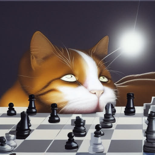 Cat sleeping among glowing chess figures