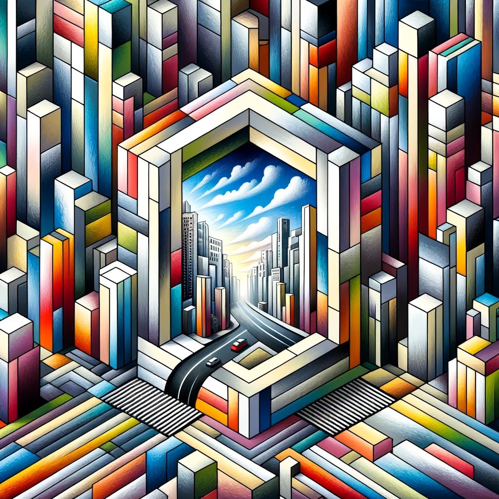 Cubist city intersection with geometric portal