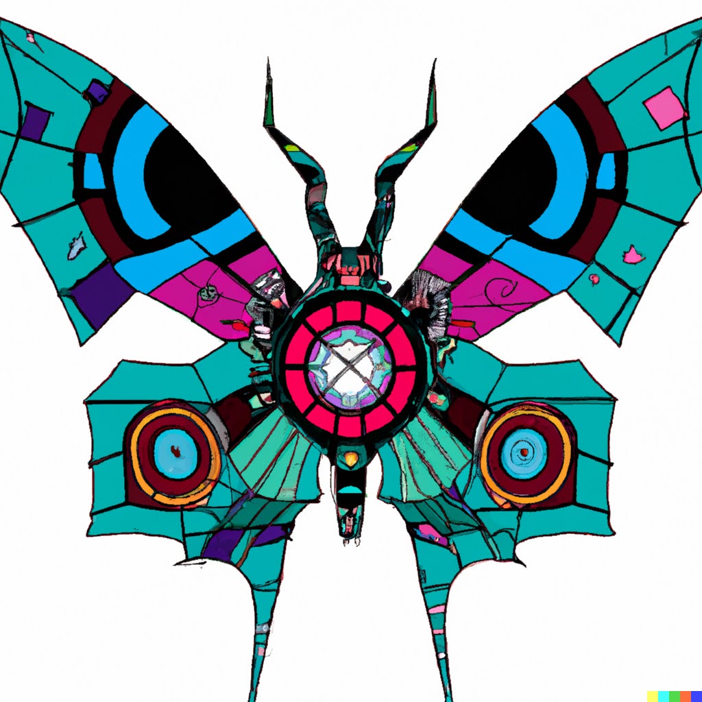 Cyborg butterfly in stained glass with UFO motifs