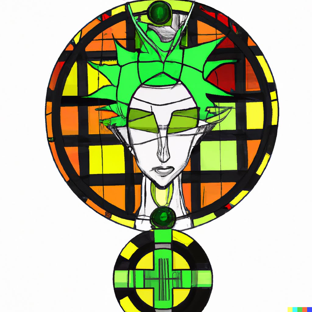 Burton-style stained glass cyborg portrait