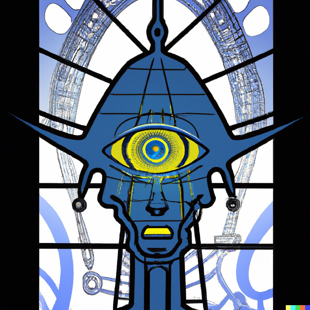 Stained glass cyborg with UFO cult imagery