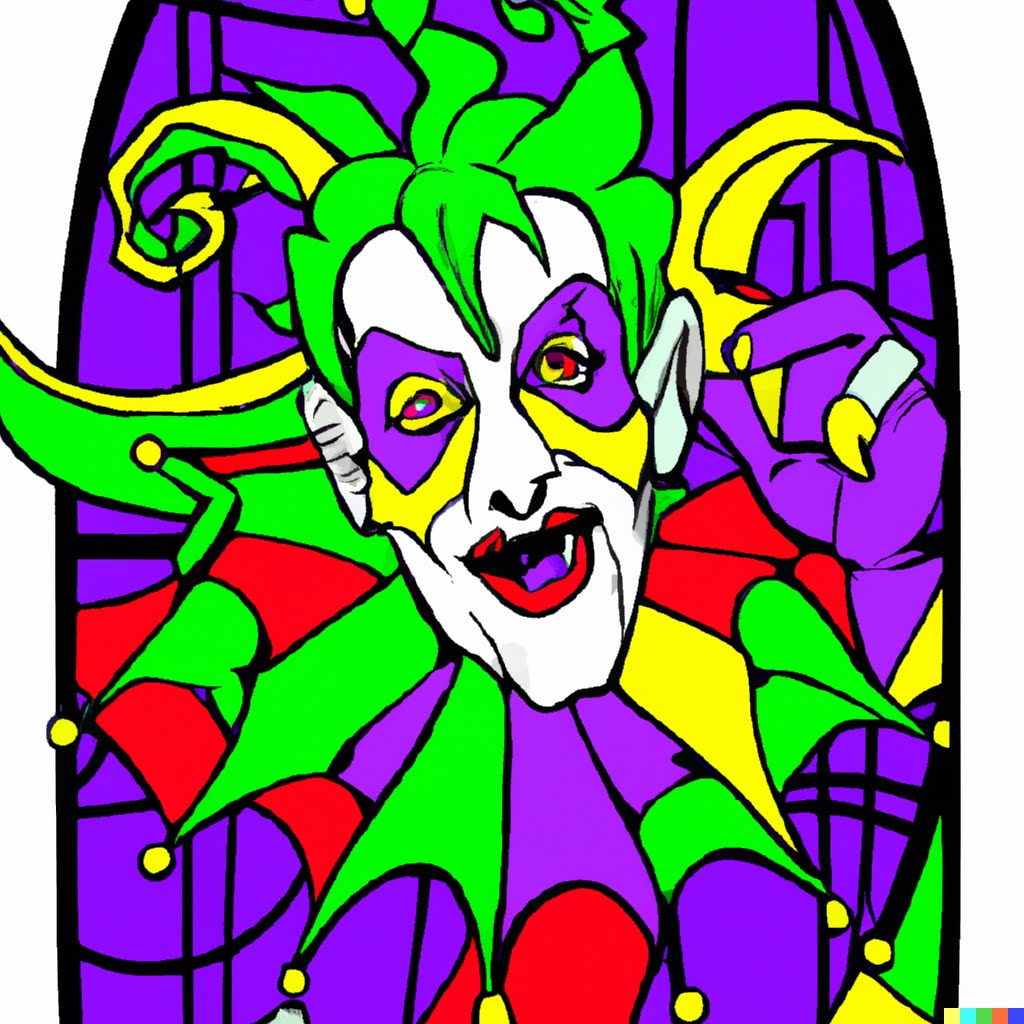 Tim Burton-style stained glass depicting a dark joker