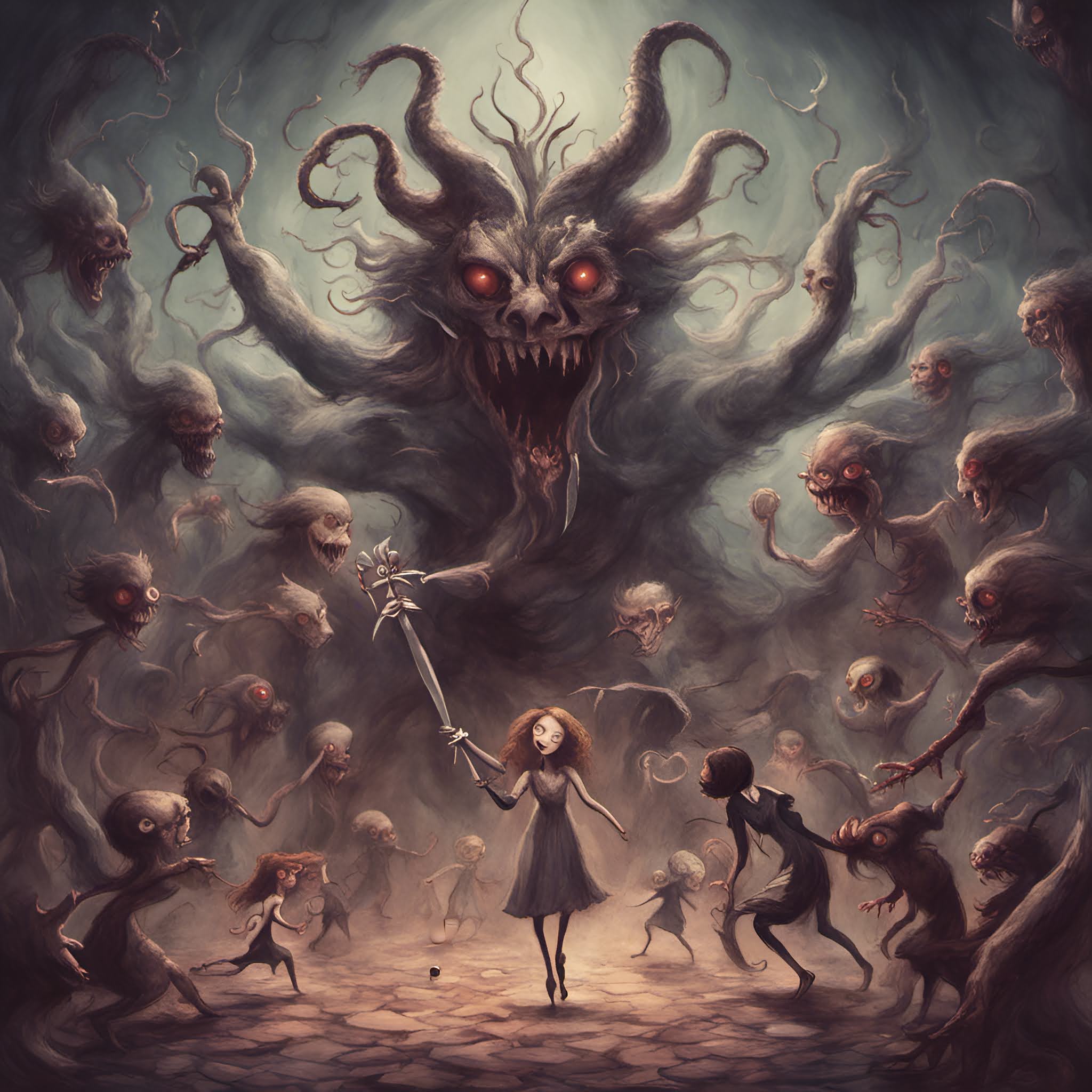 Demons in dramatic battle, Burton illustration style