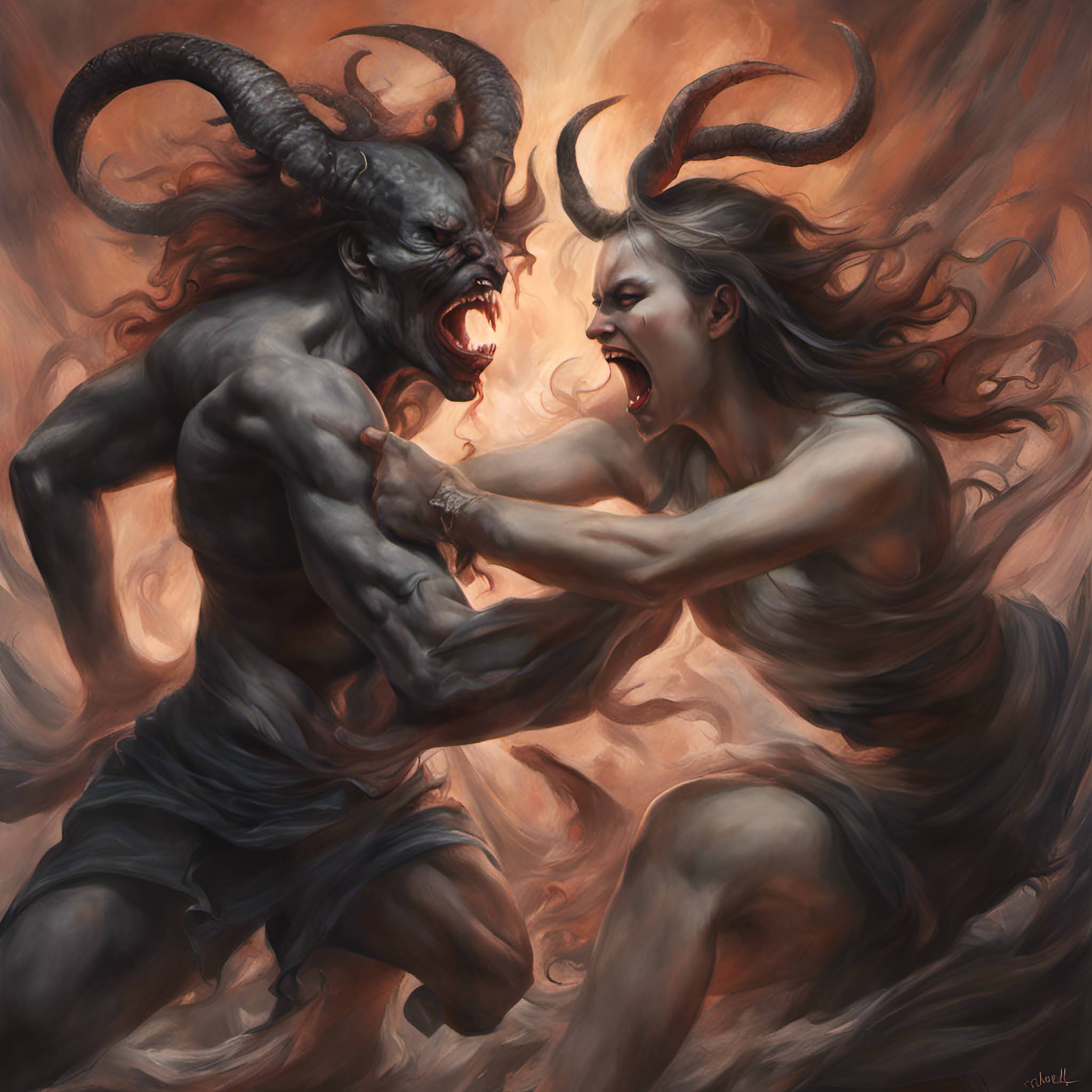 Photorealistic demons in dramatic confrontation