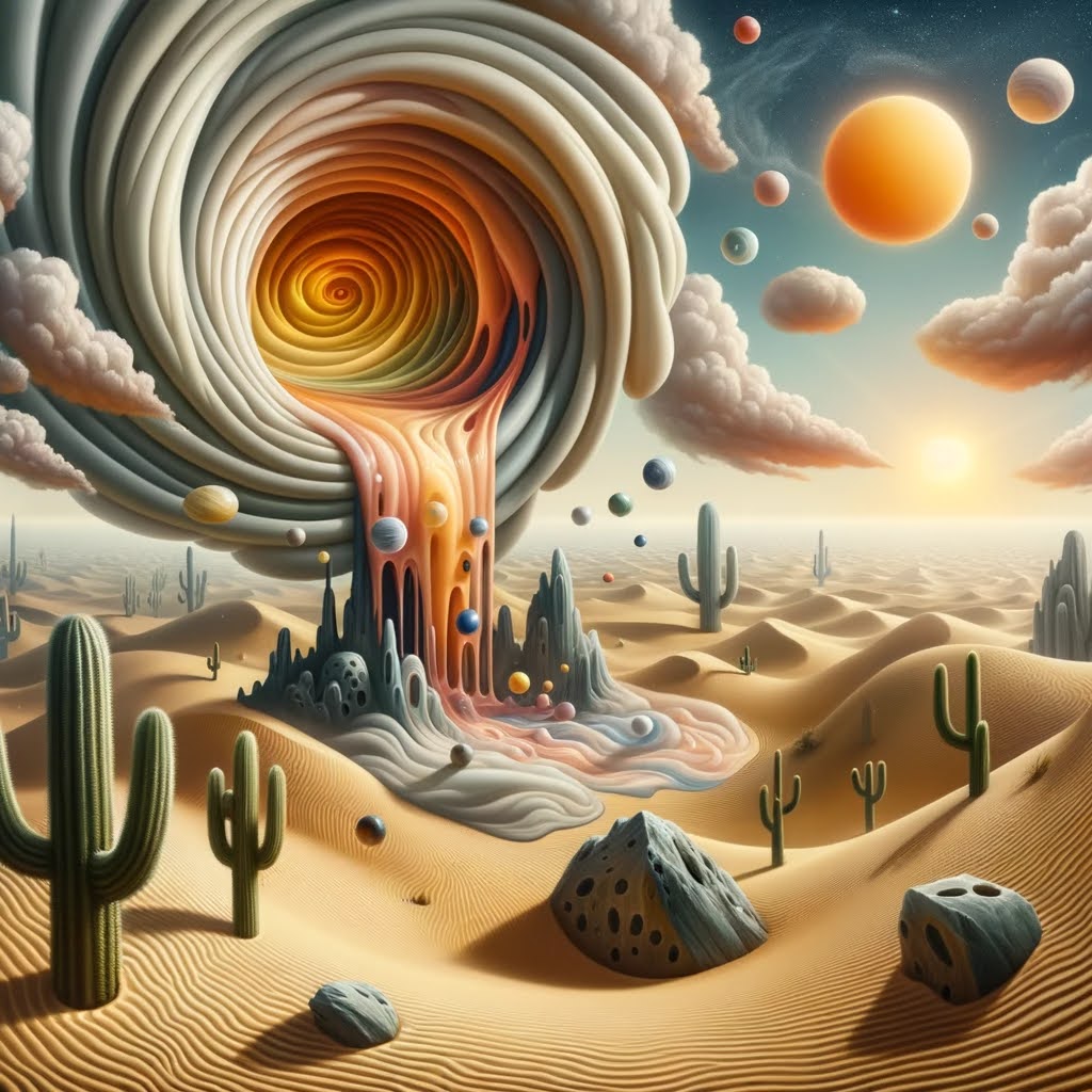 Desert landscape with melting sun and dreamlike portal
