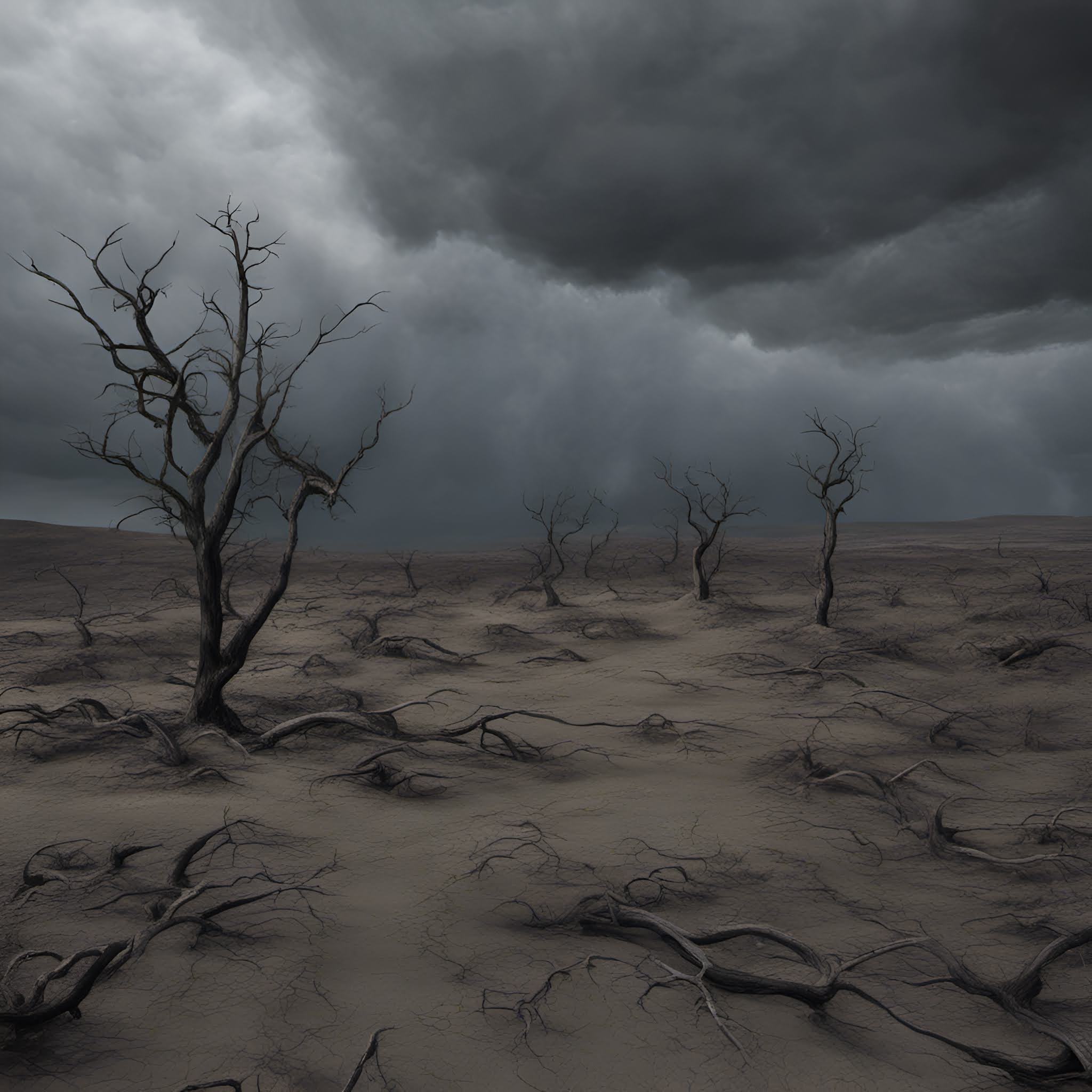 Desolate landscape under heavy atmospheric conditions