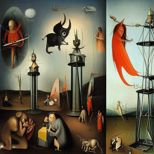 Telecom towers with gods and devils, Bosch-inspired