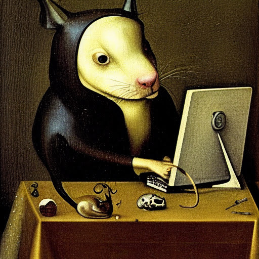 Bosch-style rat playing on a computer