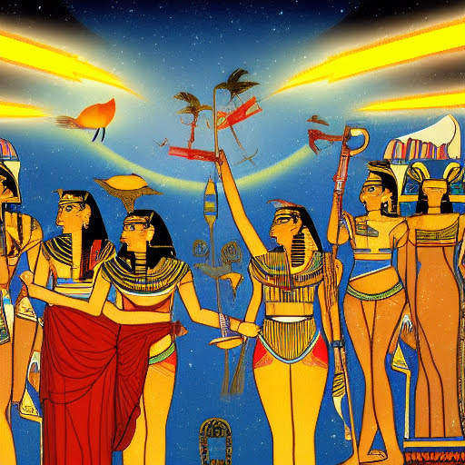 Egyptian gods and goddesses aboard a spaceship