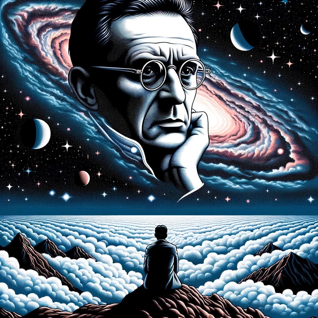 Jean-Paul Sartre against a vast universe, existentialist theme