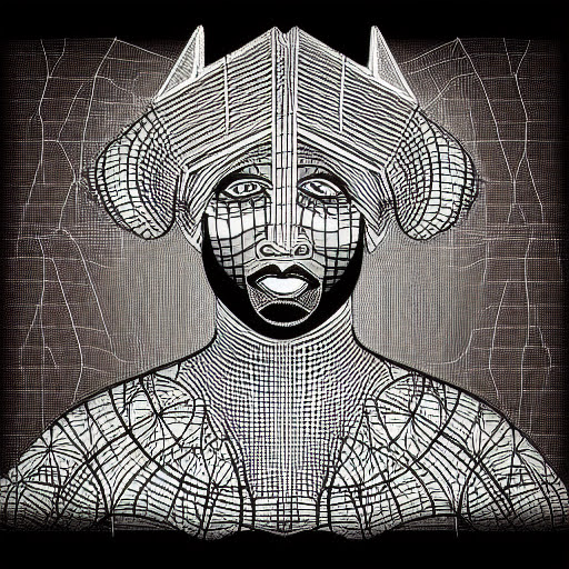 African deity ablaze in superrealistic wireframe style