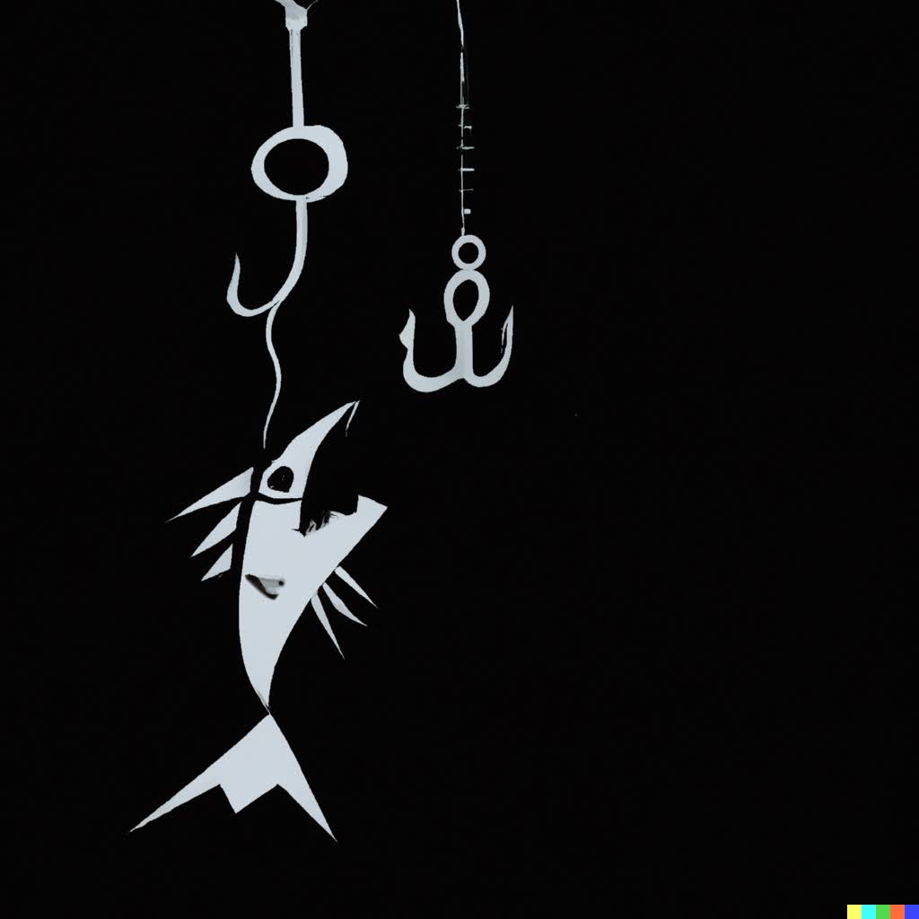 Melancholy fish on a hook in Burton's dark style