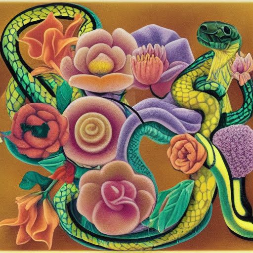 Surreal flowers intertwined with snakes