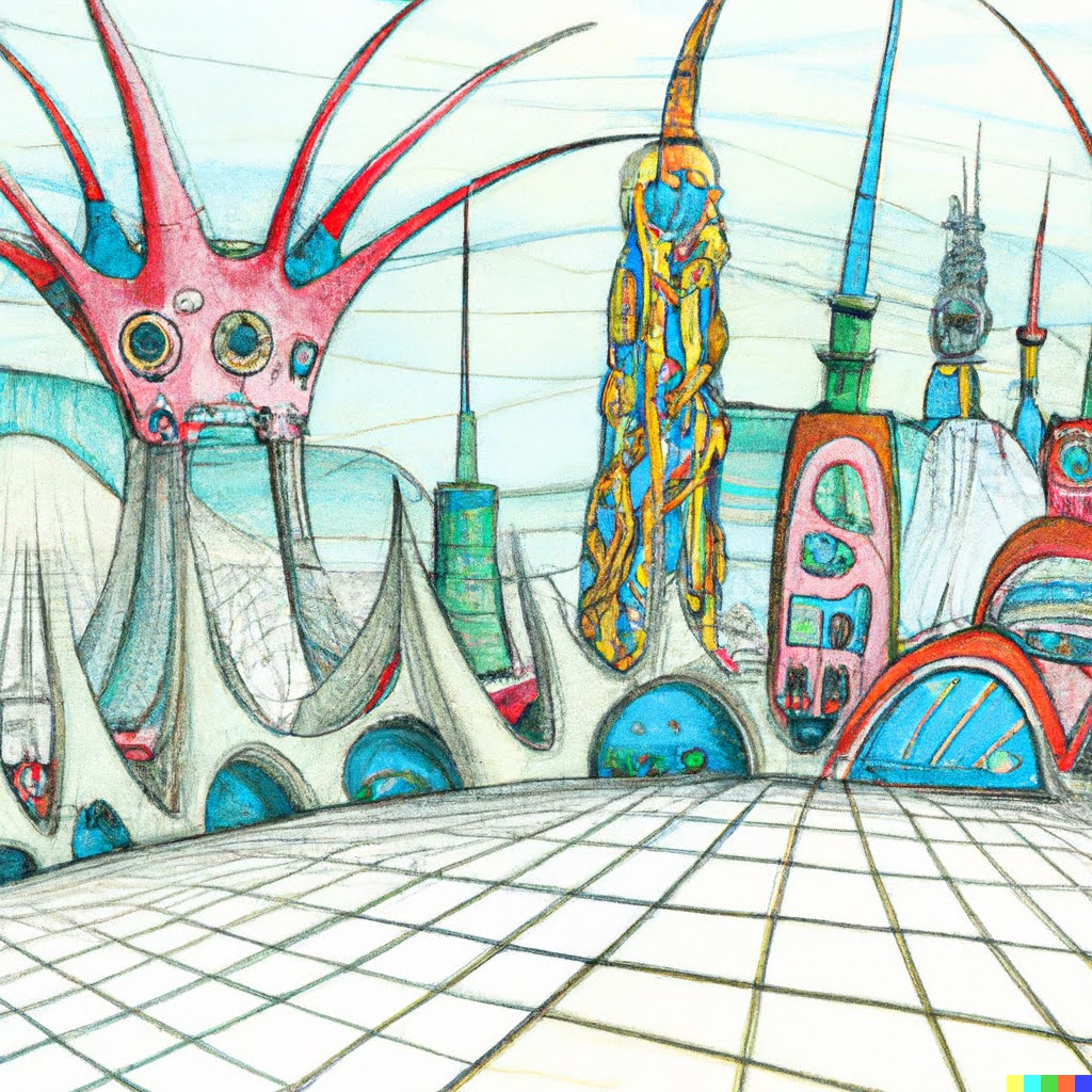 Futuristic city in Burton color pencil style