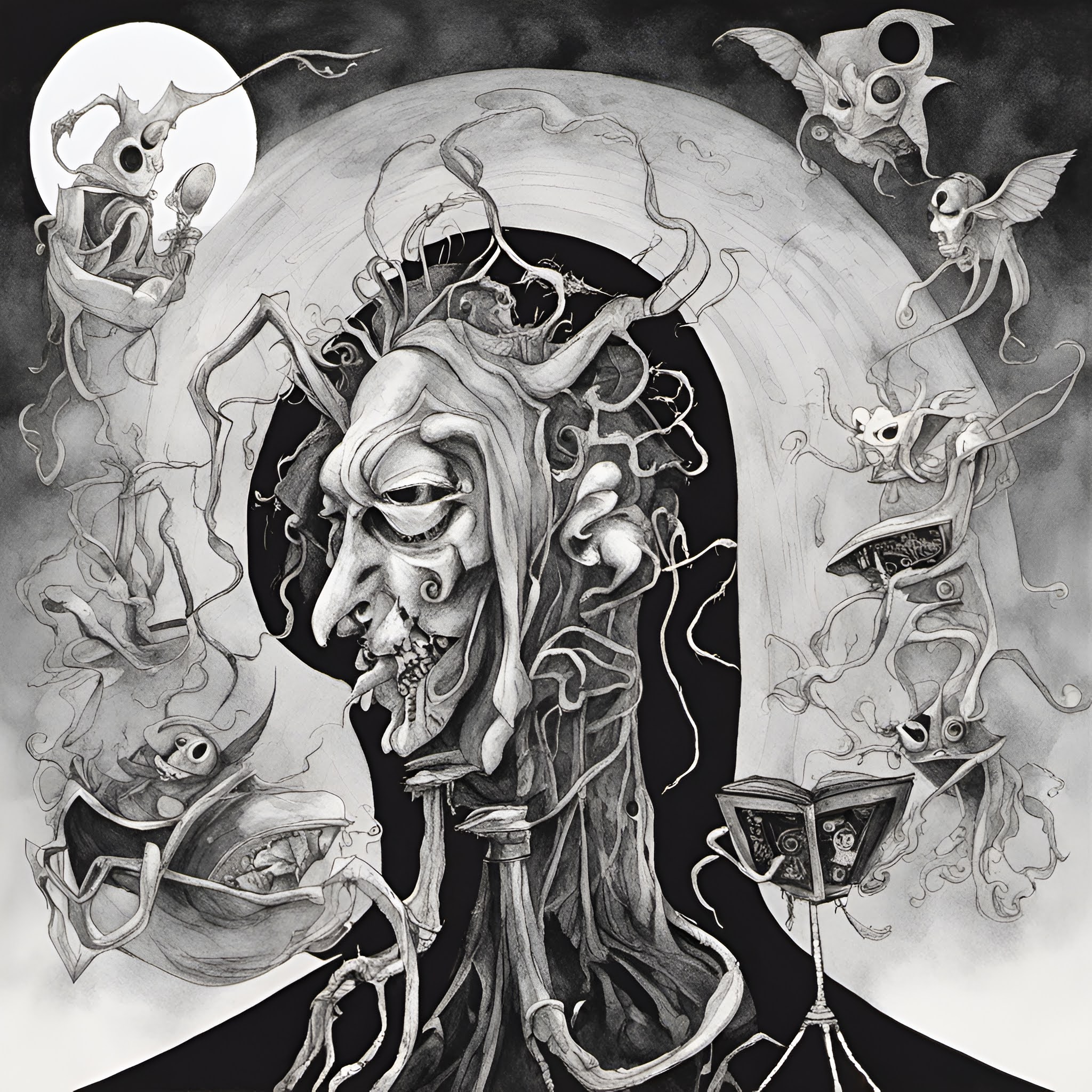 Futuristic scene in Tim Burton's distinctive illustration style