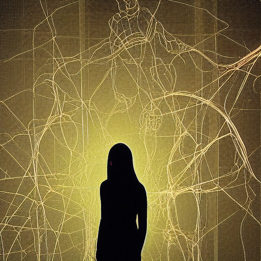 Glass microbes and electronic figure in postmodern portrait