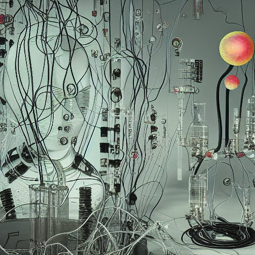 Detailed surreal portrait with glass insects and electronics