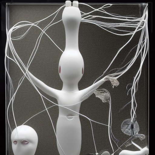 Glass microbes and transistors forming a human portrait