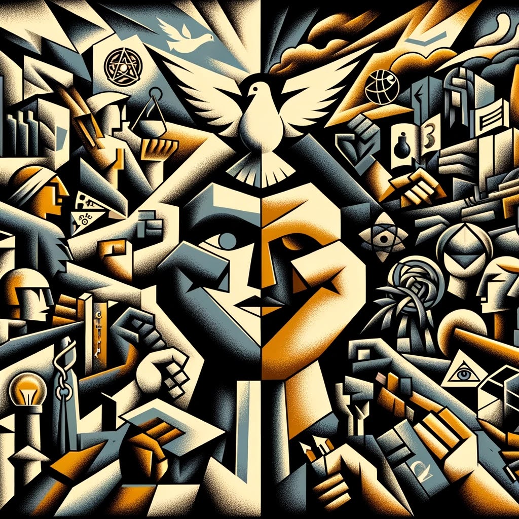 Cubist artwork depicting struggle between humanism and adversity