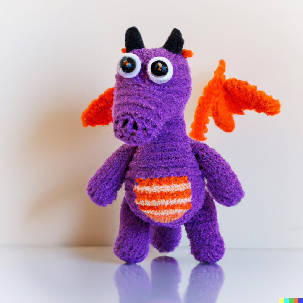 Knitted dragon toy with oversized eyes