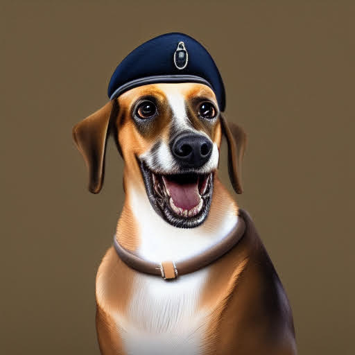 Hyperrealistic dog wearing military uniform