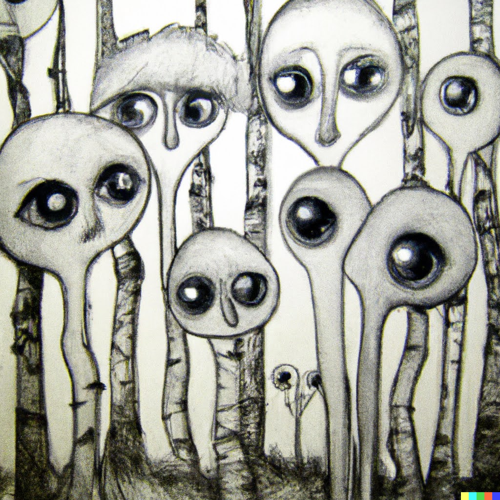 Eerie mushroom forest with watching eyes