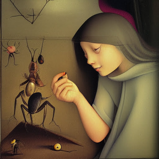 Girl observing a glowing cockroach in rain and gloom