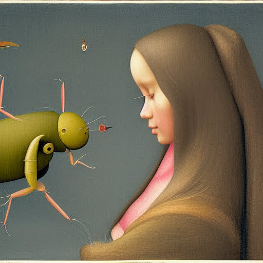 Gloomy dream with radiant cockroach, Bosch and Chagall influence