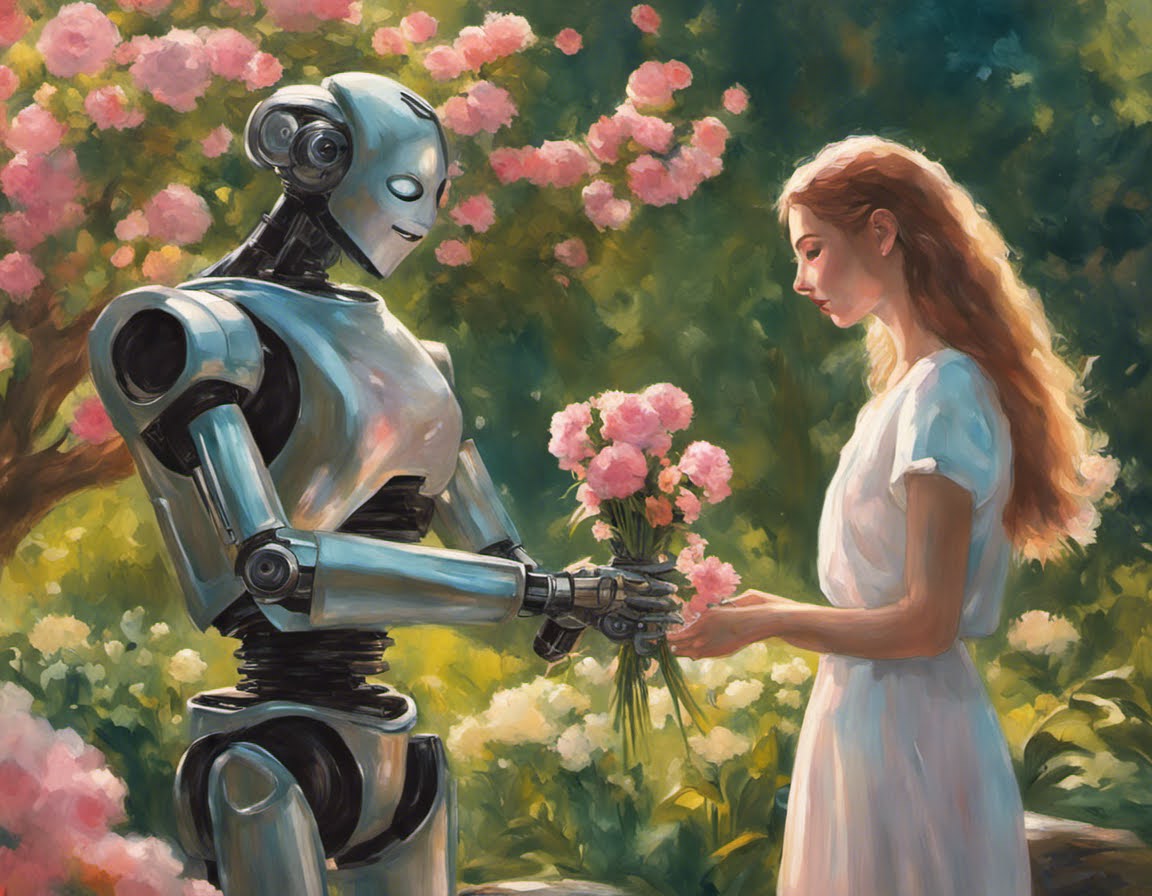 Two robots captured in an intimate painting