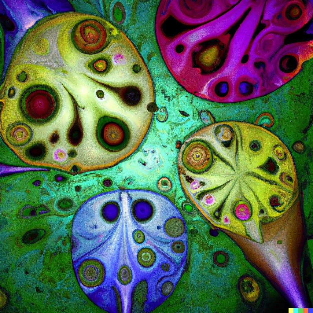 Colorful stained glass depicting outer space life forms