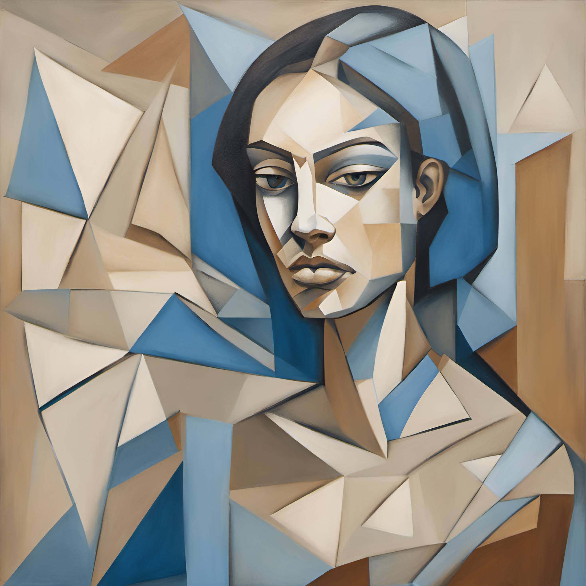 Triangular portrait of young woman in blue and sand tones
