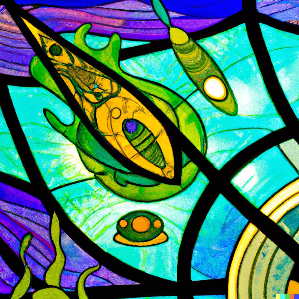 Stained glass showing UFO and life forms