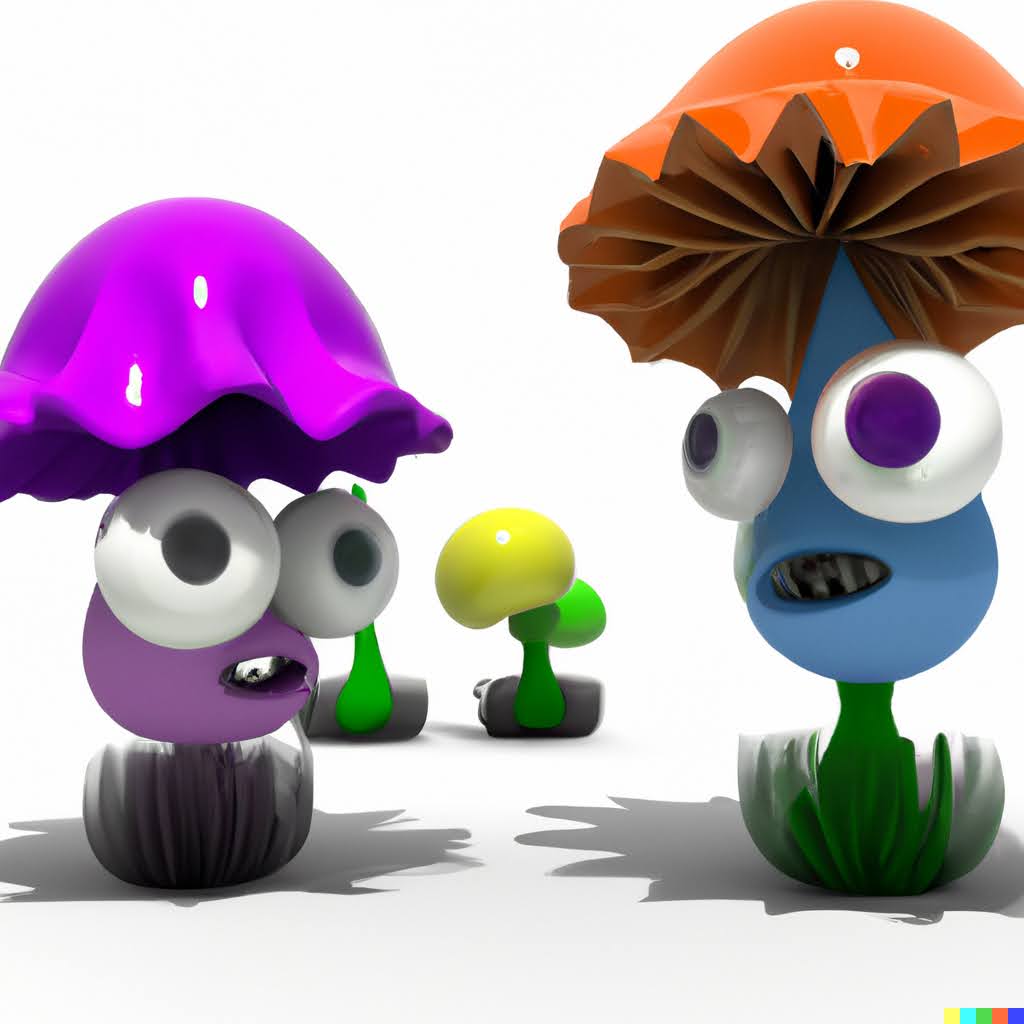 Crying mushrooms with oversized eyes